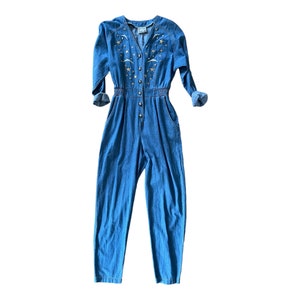 Combinaison en jean vintage des années 80 et 90 pour femme Made in USA étoile strass métallique bleu céleste en coton une pièce manches longues taille 8 moyenne