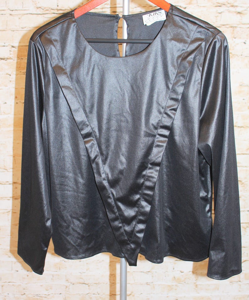 Vintage /'80s KIKS Women Shirt Blouse Career Sportswear Black Shimmer Polyester Chevron Power Suit Thriller Michael Jackson Secretary 10 12 M