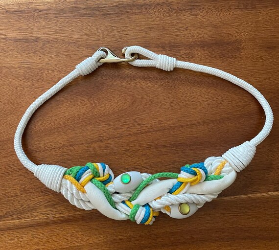Vintage 80s Rhea White Braided Beaded Belt Green Blue 32  display picture 1