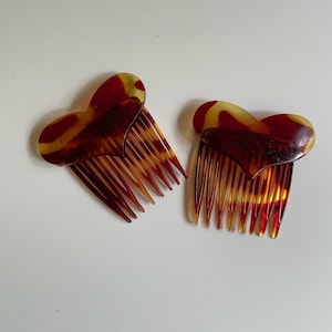 Vintage 80s Hair Combs Hearts Plastic, 1 Pair for Hair Accessory Theme Party Costume Retro Streetwear, Tortoise Brown Color