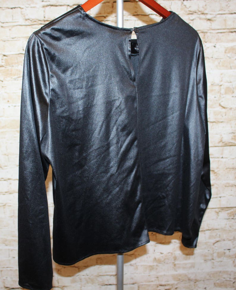 Vintage /'80s KIKS Women Shirt Blouse Career Sportswear Black Shimmer Polyester Chevron Power Suit Thriller Michael Jackson Secretary 10 12 M