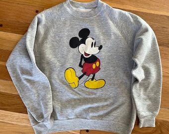 Vintage Musse Pigg-tröja med sliten grå rund hals, Disney-grafik, mjuk, sliten bomullsblandning, storlek Large