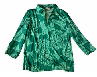 Vintage 70s Women Haband Groovy Green Flower Shirt Wide Collar Polyester USA M