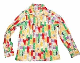 Vintage 70s Abstract Print Blouse Womens Large Colorful Mod Collared Shirt Retro Long Sleeve Top USA