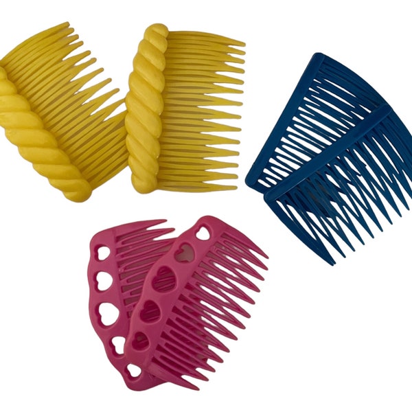 Vintage 80s Hair Combs Cut Out Hearts Plastic, 3 Pairs for Hair Accessory Theme Party Costume Retro Streetwear, Pink Blue Yellow