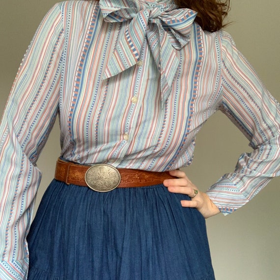 Vintage 1970’s striped blue pussy bow blouse