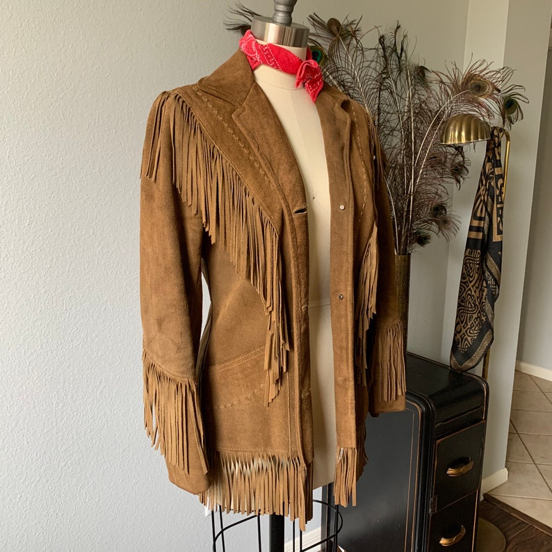 Vintage unisex 1970\u2019s pioneer wear suede fringed jacket