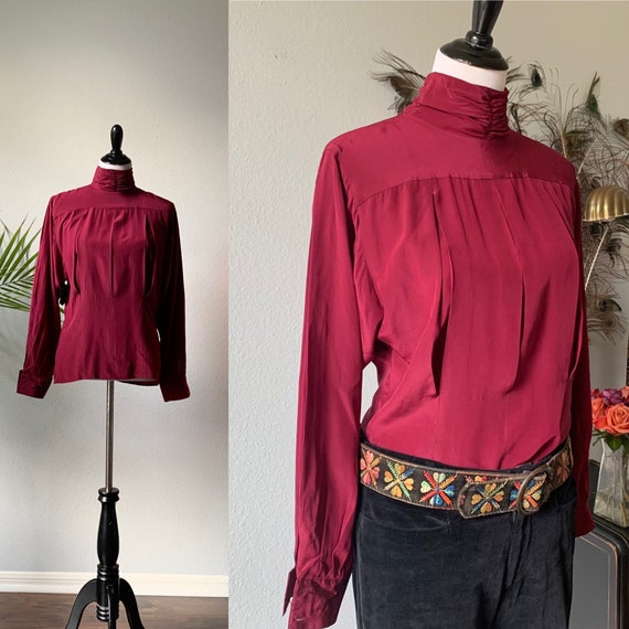 Vintage maroon silk bishop sleeve blouse