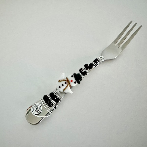 SNOWMAN Three prong cocktail fork, appetizer fork, table jewelry, seafood fork, fruit fork, charcuterie utensil, beaded utensil