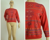 Vintage Womens 1980s 1990s Long Sleeve Red Tee Shirt Sweatshirt with Southwestern and Roses Banded Stripe Print Size M