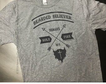 Bearded Believer Romans 10:9 Funny Christian T-shirt Rugged Mens Beard Religious Bible Verse tee God Church Gift