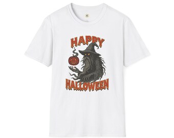 Spookachtige tovenaar Halloween T-shirt | Vintage tovenaar met pompoen | Spooky Haunted T-shirt met print voor Halloween-liefhebbers