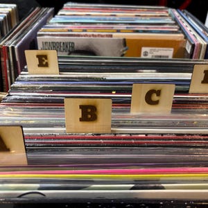 Puede incluir: Una colección de discos de vinilo organizados en una caja con divisores de madera clara que presentan letras A, B, C, D y E cortadas con láser en color oscuro. Los discos están almacenados verticalmente en fundas de plástico.