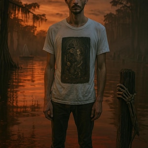 Puede incluir: Una persona con una camiseta blanca con un estampado gráfico oscuro de dos figuras. La persona está de pie en un muelle de madera frente a una masa de agua con una puesta de sol al fondo. La persona lleva pantalones oscuros.