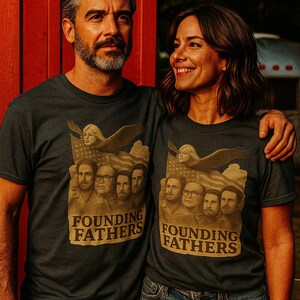 May include: Two people wearing matching charcoal gray t-shirts with a graphic of historical figures, an eagle, and the words "FOUNDING FATHERS" in a vintage style. They are wearing blue jeans.