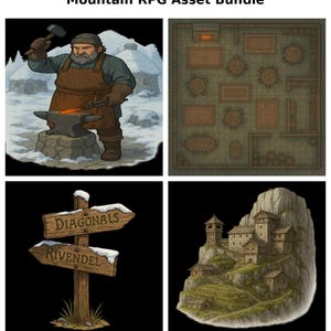 Mountain Village RPG-avonturenbundel: kaarten, personages, monsters, voorwerpen, kastelen | Fantasie digitale items op tafel