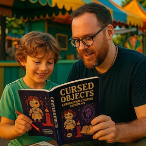 May include: A father and child are reading a coloring book titled "Cursed Objects: A Paranormal Coloring Experience." The book features illustrations of a doll, candles, and a ghost. The scene is set outdoors with colorful carnival-style tents in the background.