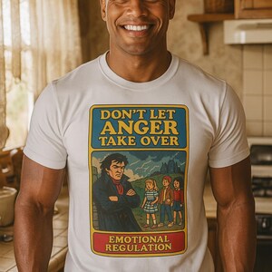 May include: White t-shirt with a graphic that reads "DON'T LET ANGER TAKE OVER" above an illustration of a stern man and children. The bottom of the graphic says "EMOTIONAL REGULATION".