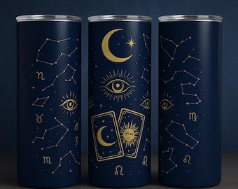 Celestial Witchy Travel Tumbler: Astrology Tarot Constellation Mug, Zodiac Moon Phase Design, Indigo & Gold