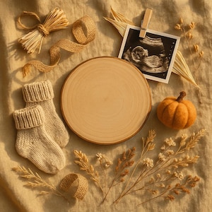 May include: A neutral-toned, flat lay arrangement featuring baby socks, a wooden slice, a felt pumpkin, and an ultrasound image. Dried flowers and twine accents add a rustic touch, creating a warm and inviting aesthetic.
