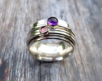 Triple Spinning Ring with Amethyst and Pink Tourmaline - Size U