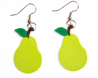 Pear earrings / Lightweight & 3D printed dangle earrings of eco-friendly plastic / Colorful vegan fruit earring by Winter Hill