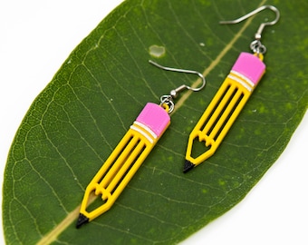 Pencil dangle earrings / 3d printed lightweight earrings of plant-based plastic / Gift for teacher