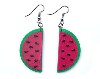 3d printed watermelon earrings / Fruit earrings / Watermelon dangles / Lightweight summer colorful plastic earrings