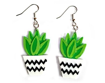 3D printed succulent in pot earrings / Unique vegan plant-based plastic dangly earrings / Eco-friendly jewelry