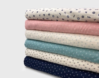 Japanese Cotton Printed Anchor Double Gauze Fabric by 0.5 Metre, Sevenberry® Fabric with Marine Pattern, Lightweight Cotton Double Gauze