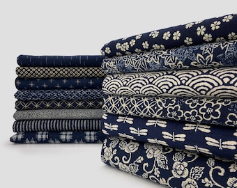 Tissu en drap de coton japonais indigo imprimé fils inégaux de 0,5 mètre, tissu Sevenberry, impressions traditionnelles japonaises indigo