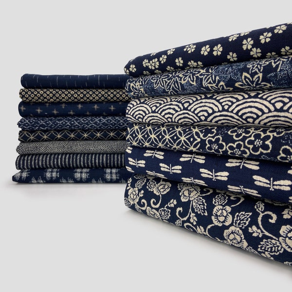 Tissu en drap de coton japonais indigo imprimé fils inégaux de 0,5 mètre, tissu Sevenberry, impressions traditionnelles japonaises indigo