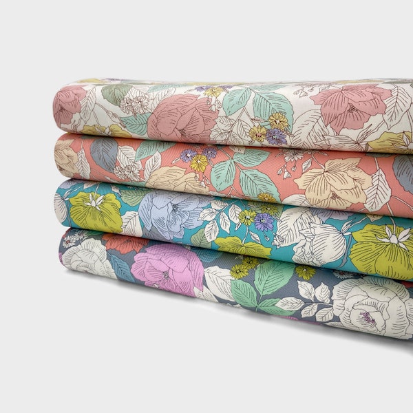 Tissu sergé imprimé en coton japonais de 0,5 mètre, tissu Sevenberry® avec motifs floraux, tissu sergé de poids moyen, sergé de coton floral