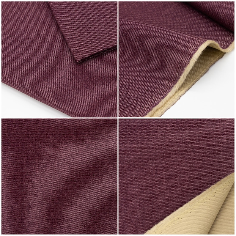 May include: Close-up of a deep purple fabric with a textured weave. The fabric is folded over to show the underside, which is a light beige colour.