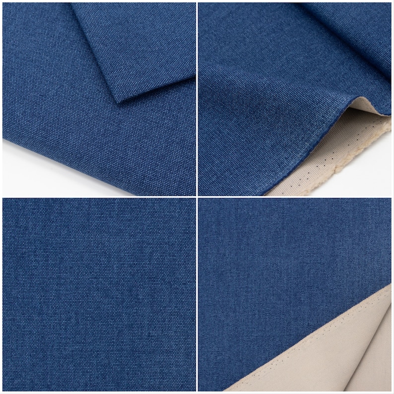 May include: Close-up of a dark blue denim fabric with a textured weave. The fabric is folded over to show the underside, which is a light beige colour.