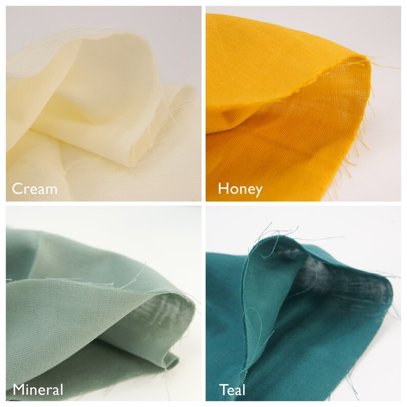 Puede incluir: Un collage de cuatro muestras de tela en crema, miel, mineral y verde azulado. Cada muestra est&aacute; doblada, revelando la textura y el color de la tela. Los nombres de los colores est&aacute;n escritos debajo.