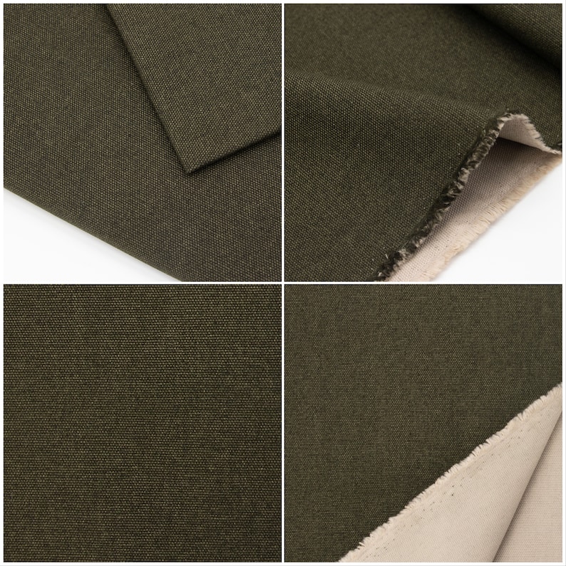 May include: Close-up of a dark green canvas fabric with a subtle texture. The fabric is folded over, revealing a beige underside.
