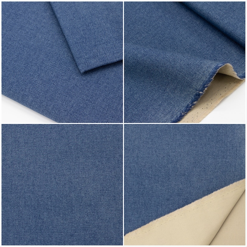 May include: Close-up of a blue denim fabric with a subtle texture. The fabric is folded and shows the raw edge. The fabric is shown against a white background.