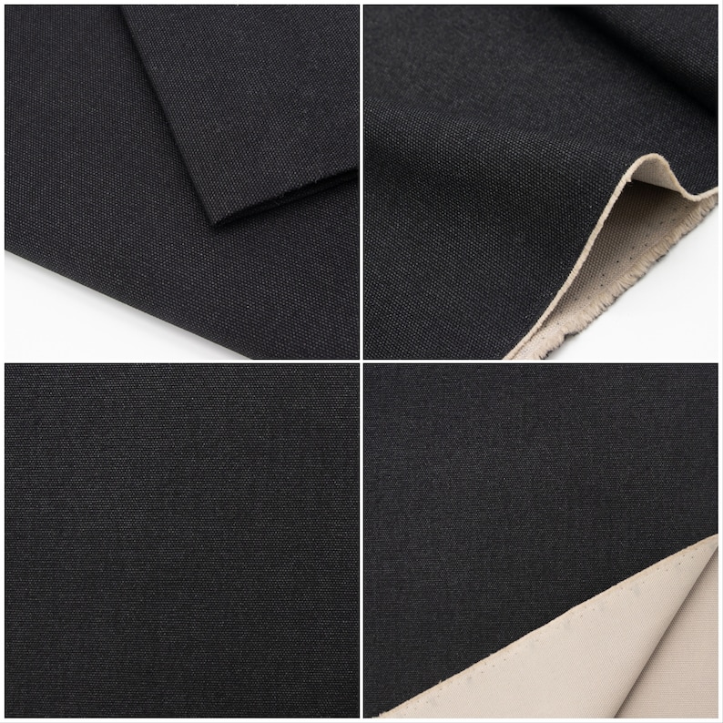May include: Close-up of black fabric with a textured weave. The fabric is shown folded and unfolded, revealing a beige underside.