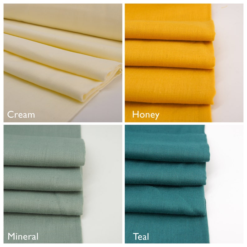 Puede incluir: Un collage de muestras de tela en crema, miel, mineral y turquesa. Cada muestra est&aacute; doblada y apilada, mostrando la textura y las variaciones de color. Los nombres de los colores se muestran debajo de cada muestra.