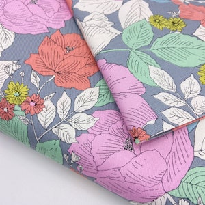 Japanese Cotton Printed Twill Fabric by 0.5 Metre, Sevenberry® Fabric with Floral Patterns, Medium Weight Twill Fabric, Floral Cotton Twill