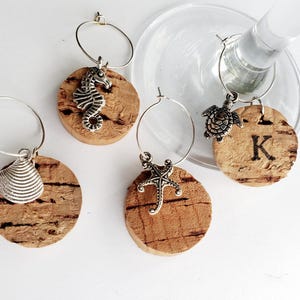Seaside & Beach Wine / Drinks Glass Charms - Handmade Personalised Cork Charms - Beach Wedding, Summer Party, Hen Party, Gift