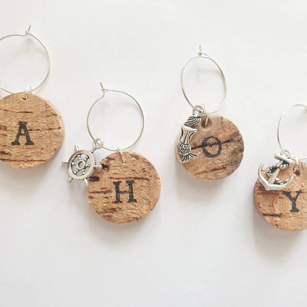 Nautical Wine Glass Charms - Mermaid Anchor Boat Sailing Handmade Personalised Cork Wedding Favours, Hen party, Gifts, Sea / Beach occasions