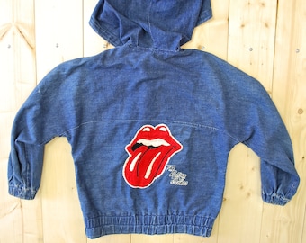 Vintage 1970&#39;s Rolling Stones Hand Geborduurde Hooded Denim Jacket / Retro Collectable Rare
