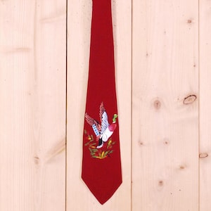 Vintage 1930&#39;s/40&#39;s Maroon CORSINI Necktie / Hand Painted Duck Motif / Retro Collectable Rare