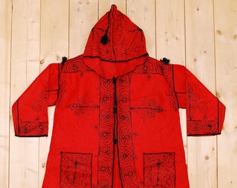 Vintage 1960's/70's Red Felt Embroidered Ethnic Hooded Jacket / Rockabilly / BoHo / Hippie / Rare Collectable Retro / bjr