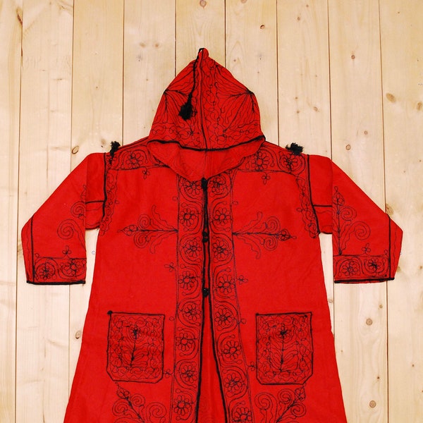 Vintage 1960er/70er Rote Filz Bestickte Ethnische Kapuzenjacke / Rockabilly / BoHo / Hippie / Seltene Sammler Retro / bjr