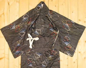 Vintage 1940's/50s Silk Kimono with Fan Motif / Leisure Robe / Housecoat /  Retro Collectable Rare