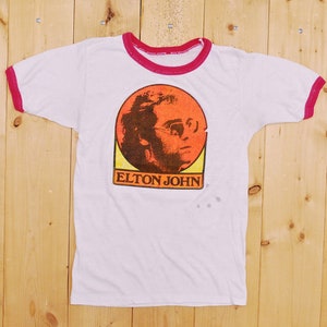 Vintage jaren 1970 ELTON JOHN Ringer T-shirt/retro Collectable zeldzame