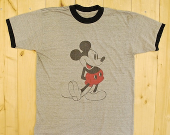 Camiseta gris con cuello redondo de Mickey Mouse, años 70, Disney, coleccionable retro, rara